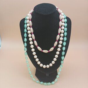 Vintage Plastic Beaded Necklaces Set of 3 Pink Green